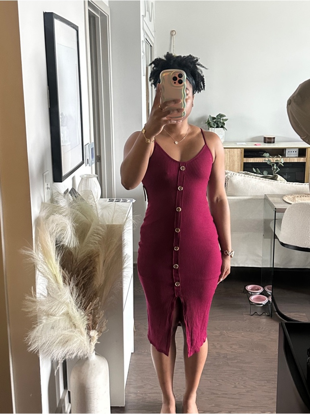 Express Women's Burgundy Button-Front Midi Dress
